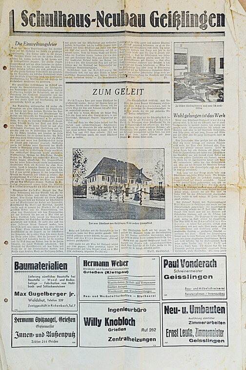 Zeitungsartikel über den Schulhausneubau. Seite 1. 1936
