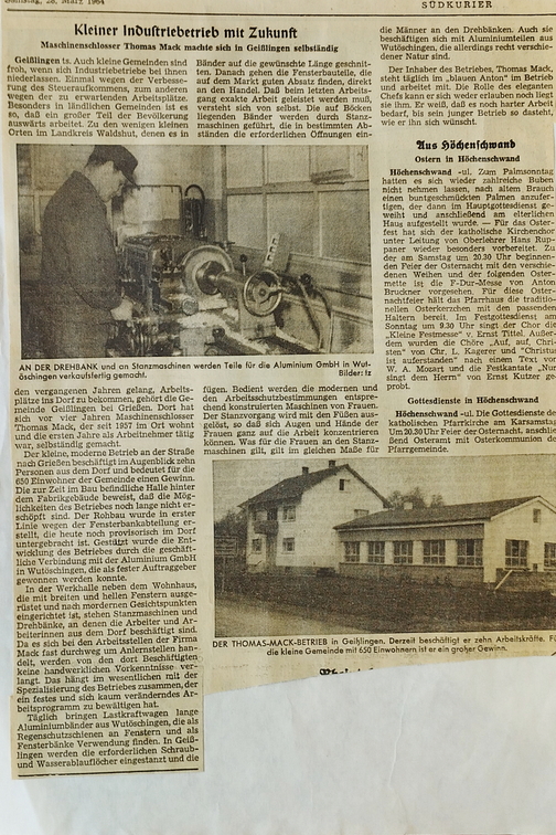 Zeitungsartikel über die Firma Mack. 1964