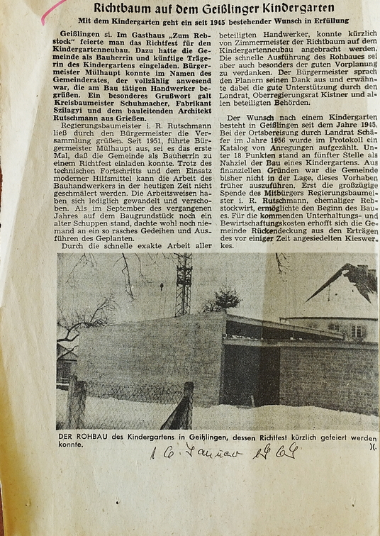 Zeitungsartikel über den Bau des Kindergartens. 1969