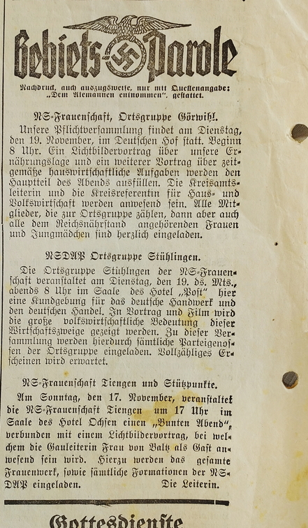 Zeitungsausschnitt "Gebietsparole" NS-Zeit