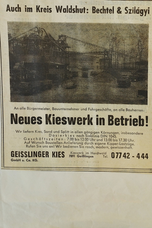 Zeitungswerbung zur Eröffnung des Kieswerk Geißlingen. 1969