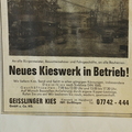 Zeitungswerbung zur Eröffnung des Kieswerk Geißlingen. 1969