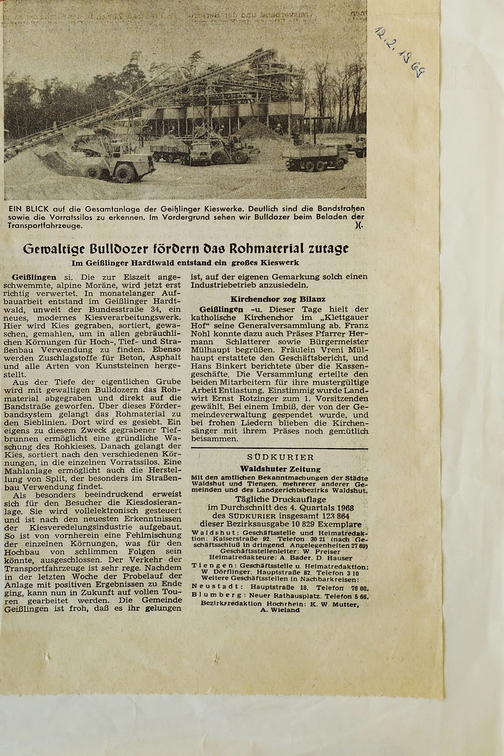 Zeitungsartikel über die Eröffnung des Geißlinger Kieswerks. 12.2.1969