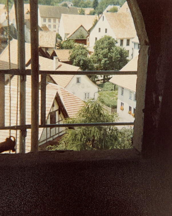 Ungewöhnliche Perspektive - Häuser fotografiert während der Kirchenrenovation vom Kirchturmgerüst.