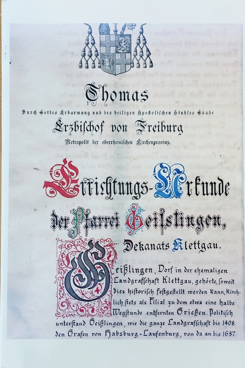 Deckblatt der Errichtungs-Urkunde der Pfarrei Geißlingen.