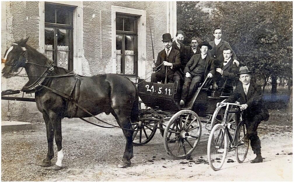 Pferdegespann mit Johann, Fridolin und Josef Binkert, 1911